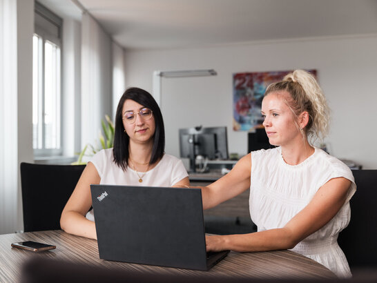 Zwei Mitarbeiter an Tisch schauen auf Laptop